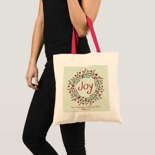 Modern Red Christmas "Joy" Kranz mit Schrift Tragetasche (Vorderseite (Produkt))