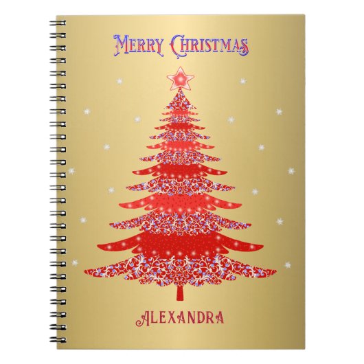 Modern Red Christmas Tree Snowflakes Name Gold Notizblock (Vorderseite)