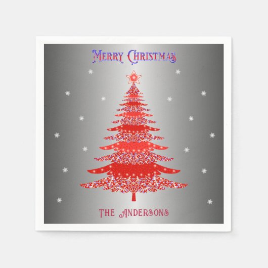 Modern Red Christmas Tree Snowflakes Name Silver Serviette (Vorderseite)