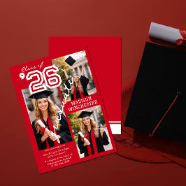 Modern Red Class of 2026 3-Photo Graduation Invite Einladung