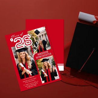 Modern Red Class of 2026 3-Photo Graduation Invite Einladung