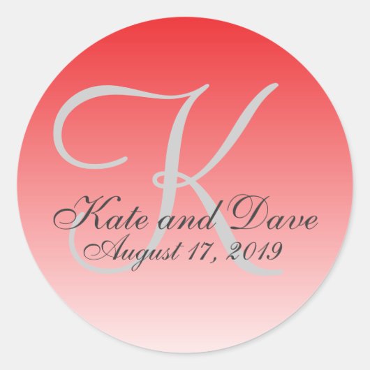 Modern Red Crimson Monogram Gastgeschenk Hochzeit Runder Aufkleber (Vorderseite)