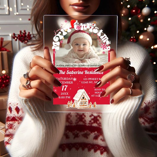 Modern Red Curved Graffiti Merry Christmas Photos Acryleinladungen