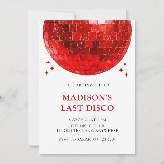 Modern Red Disco Ball Last Disco Bridal Shower Einladung (Vorderseite)