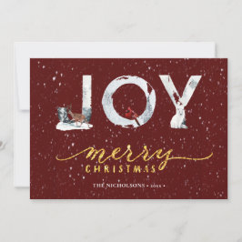Modern Red Elegant Gold Script JOY Snow Overlay Feiertagskarte
