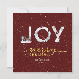Modern Red Elegant Gold Script JOY Snow Overlay Feiertagskarte
