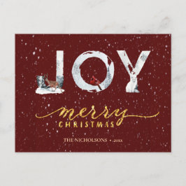 Modern Red Elegant Gold Script JOY Snow Overlay Feiertagspostkarte