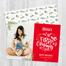 Modern Red Elegant Script Baby First Christmas