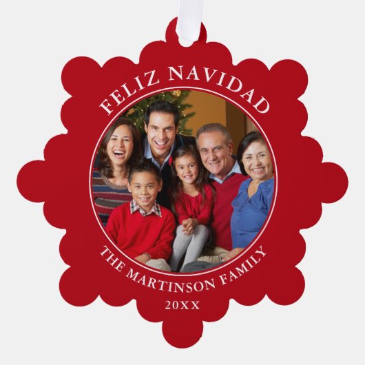 Modern Red Feliz Navidad Foto Ornament Karte (Vorderseite)