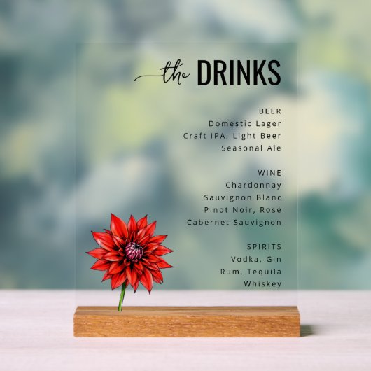 Modern Red Floral Beverage Menu Acrylschild (Neutral)