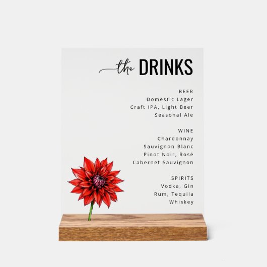 Modern Red Floral Beverage Menu Acrylschild (Vorderseite)
