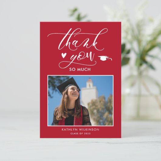 Modern Red Foto Abschluss Danke Karte (Stehend Vorderseite)
