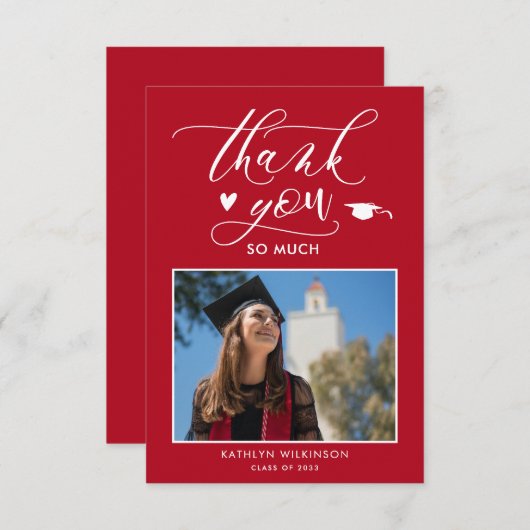 Modern Red Foto Abschluss Danke Karte (Vorne/Hinten)