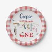 Modern Red Gingham Fishing 1st Birthday Pappteller (Vorderseite)