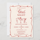 Modern Red Girls Night Dinner Party Invitation Einladung (Vorderseite)