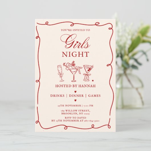 Modern Red Girls Night Dinner Party Invitation Einladung (Stehend Vorderseite)