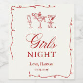 Modern Red Girls Night Dinner Party Weinetikett (Einzelnes Label)