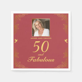 Modern Red Gold 50 Fantastisches Foto Geburtstag Serviette