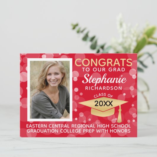 Modern Red Gold Bokeh Bubbles Foto Abschluss Einladung (Stehend Vorderseite)