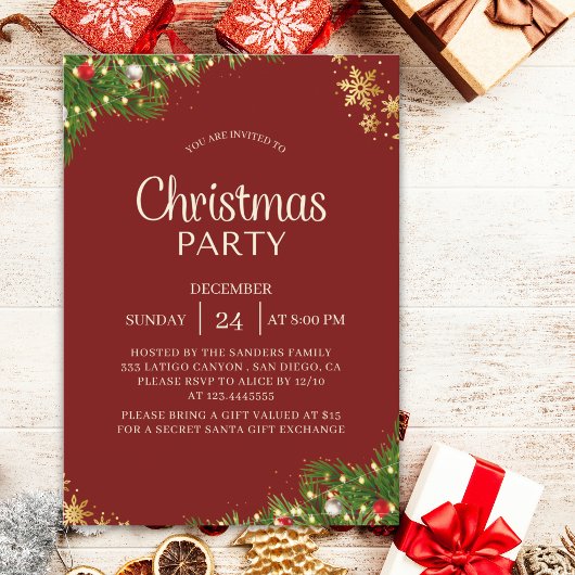 Modern Red & Gold Christmas Party Invite Einladung