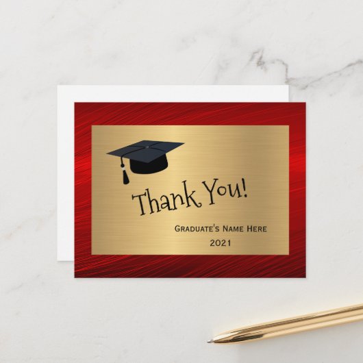 Modern Red Gold Name Vielen Dank Abschluss Postkarte (Vorderseite/Rückseite Beispiel)