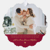 Modern Red Gold Script 2 Foto Weihnachten Ornament Karte (Rückseite)