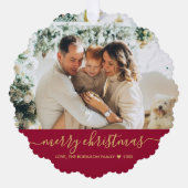 Modern Red Gold Script 2 Foto Weihnachten Ornament Karte (Vorderseite)