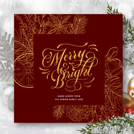 Modern Red Gold Script Pine Bough Floral Simple Feiertagskarte
