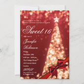 Modern Red Gold Xmas Tree Bow Sweet 16 Birthday Einladung (Vorderseite)