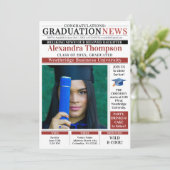 Modern Red Graduation Newspaper Front Page College Einladung (Stehend Vorderseite)