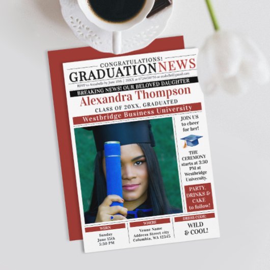 Modern Red Graduation Newspaper Front Page College Einladung
