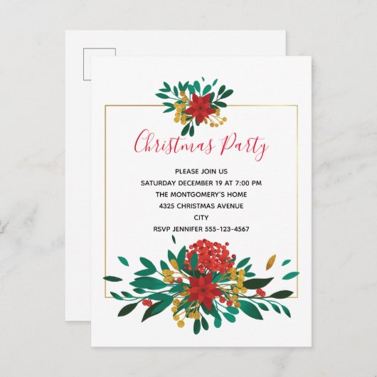 Modern Red Green & Gold Christmas Bouquet Party Einladungspostkarte (Vorne/Hinten)