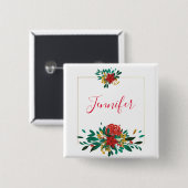 Modern Red Green & Gold Christmas Floral Button (Vorne & Hinten)