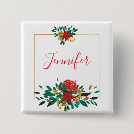 Modern Red Green & Gold Christmas Floral Button