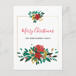 Modern Red Green & Gold Christmas Floral Feiertagspostkarte