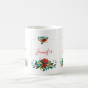 Modern Red Green & Gold Christmas Floral Kaffeetasse