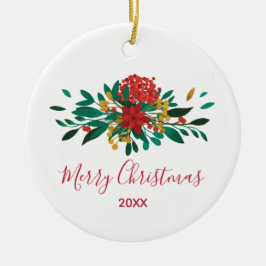Modern Red Green & Gold Christmas Floral Keramik Ornament