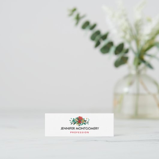 Modern Red Green & Gold Christmas Floral Mini Visitenkarte (Stehend Vorderseite)