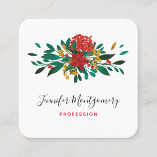 Modern Red Green & Gold Christmas Floral Quadratische Visitenkarte