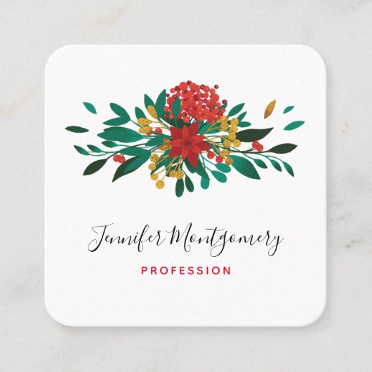 Modern Red Green & Gold Christmas Floral Quadratische Visitenkarte (Vorderseite)