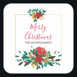 Modern Red Green & Gold Christmas Floral Quadratischer Aufkleber<br><div class="desc">Aufkleber mit hübschem Blumenstrauß in Rot,  Gold und Grün. Ein Goldrahmen hinter den Blume. Frohe Weihnachten und ein personalisierter Name,  der innen geschrieben ist.</div>