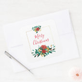 Modern Red Green & Gold Christmas Floral Quadratischer Aufkleber (Umschlag)