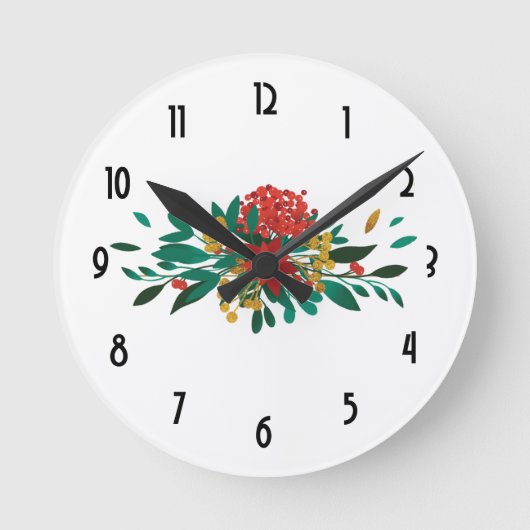 Modern Red Green & Gold Christmas Floral Runde Wanduhr (Vorderseite)