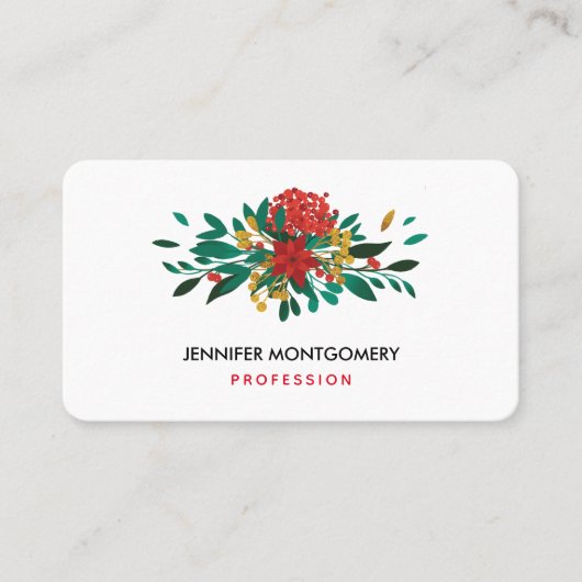 Modern Red Green & Gold Christmas Floral Visitenkarte (Vorderseite)