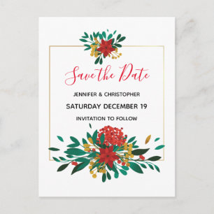 Modern Red Green & Gold Christmas Save the Date Einladungspostkarte