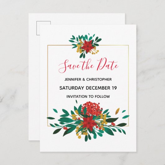 Modern Red Green & Gold Christmas Save the Date Einladungspostkarte (Vorne/Hinten)