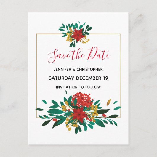 Modern Red Green & Gold Christmas Save the Date Einladungspostkarte (Vorderseite)