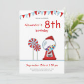 Modern Red Gumball Machine Candy Birthday Party Einladung (Stehend Vorderseite)