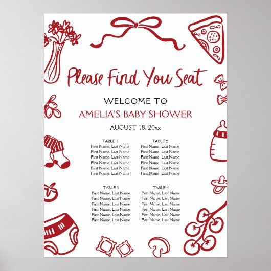 Modern Red Hand Drawn Italian Pizza Seating Chart Poster (Vorne)
