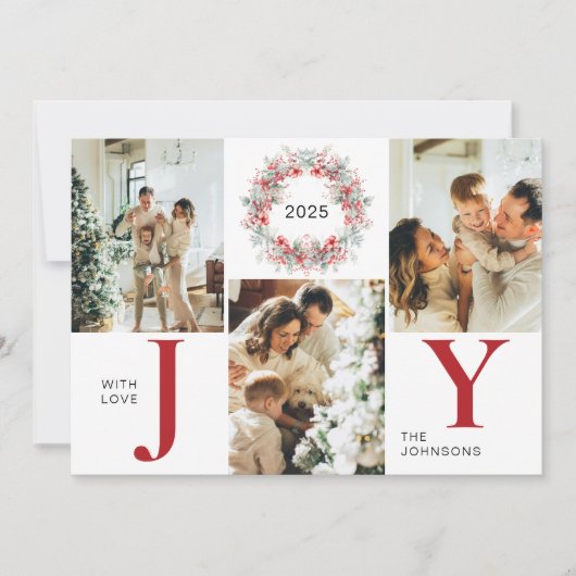 Modern Red Holly Berries 3 Foto Freude Weihnachten (Vorderseite)